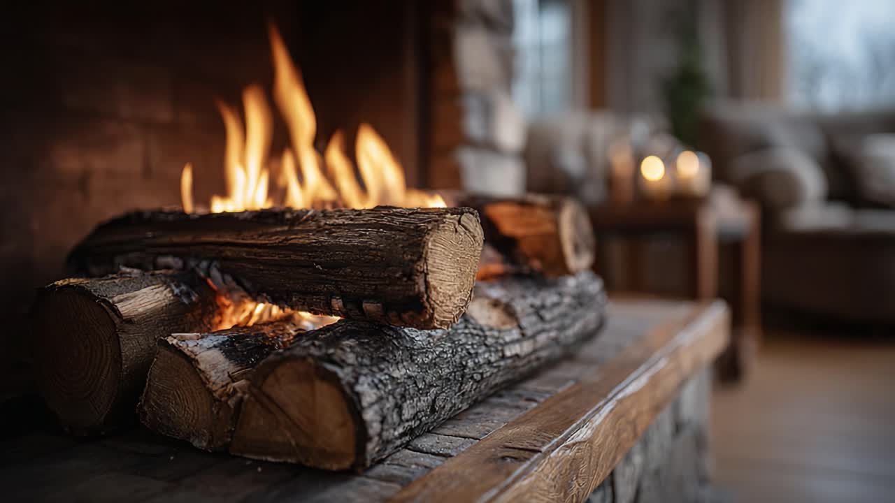 A Cozy Scene Featuring a Crackling Fireplace with Warm Flames and Log Stacks Brightening Up an Inviting Indoor Space