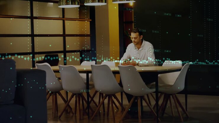 Animation of financial data processing and caucasian businessman in office