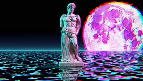 estatua de arte retro glitch junto al océano