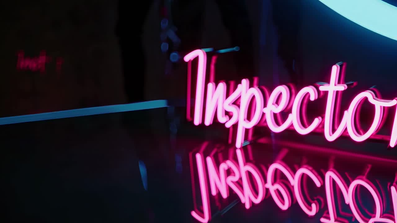Insegna al neon rosa con riflesso dell'ispettore