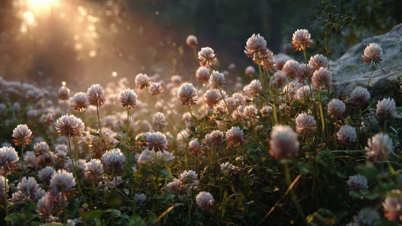 A Serene Meadow Bathed in Golden Light: A Beautiful Display of Blooming Flowers Reflecting the Tranquility of Nature at Dawn