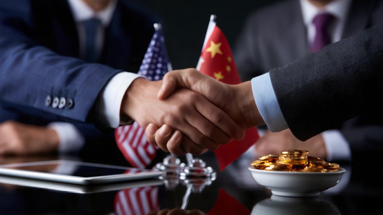 A Strategic Business Partnership: A Close-Up of a Handshake Between American and Chinese Representatives Over Financial Gold Coins