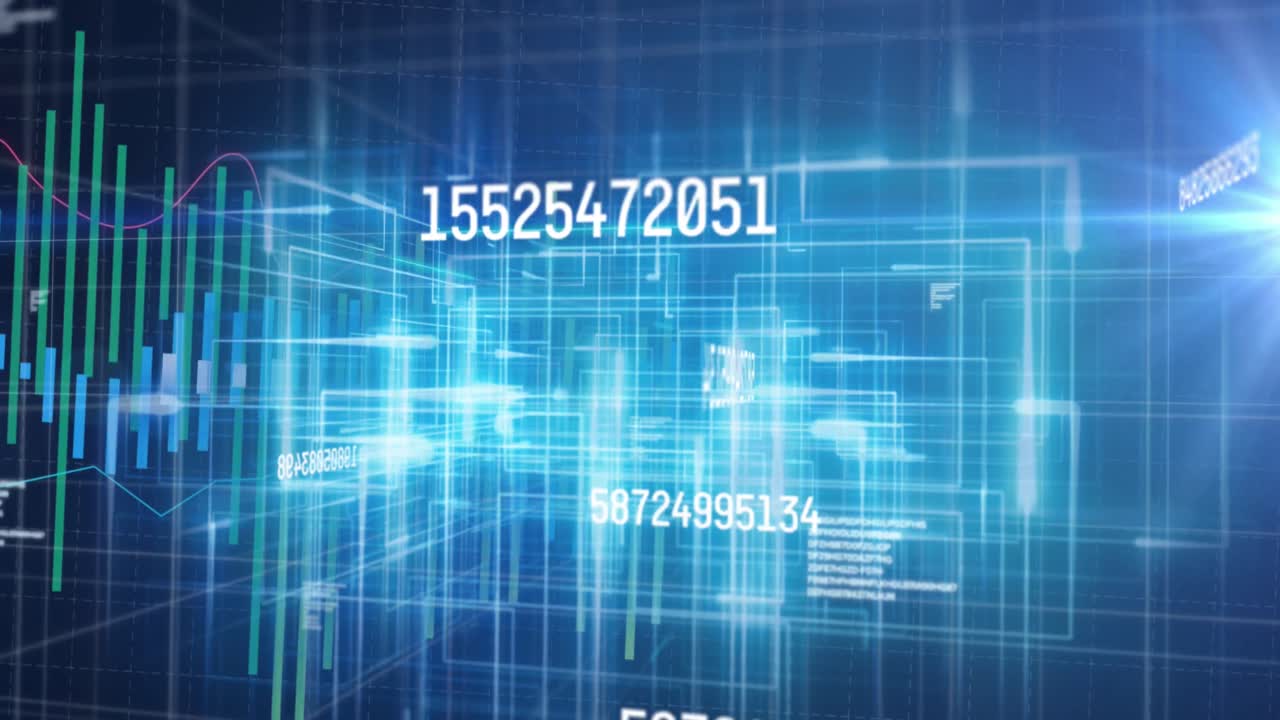 Animation of data processing and network of connections on black background