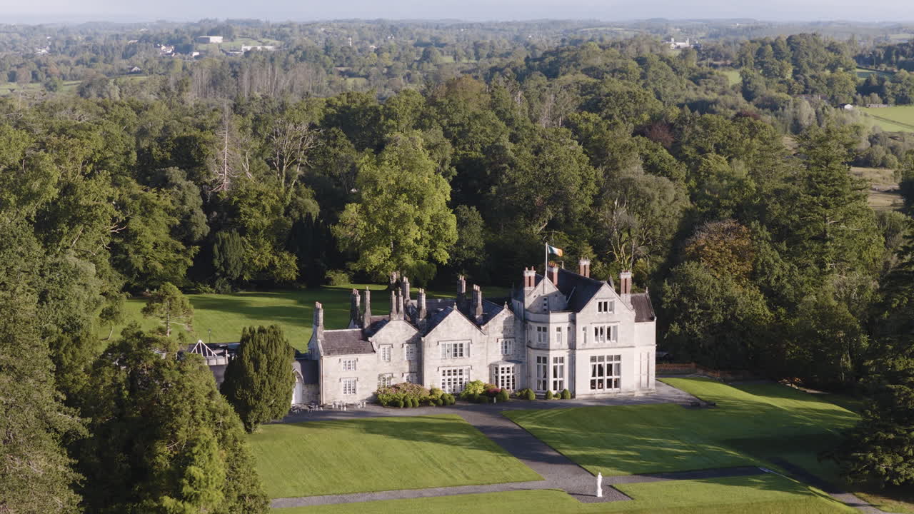 Aerial Wide view of Lough Rynn Castle from far away in Lietrim Ireland