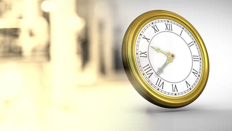 Animation-of-clock-moving-over-blurred-yellow-and-white-background