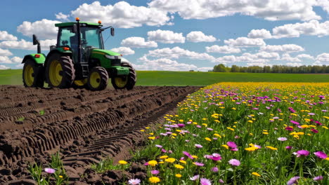 Tractor plowing a field next to a vibrant flower meadow