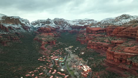 aerial view of sedona, arizona in winter with snow on red rocks