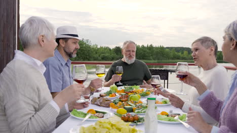 a group of senior friends talk and toast before having dinner