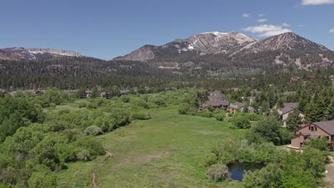 4k drone camera tilt down of beautiful mammoth mountain in the summertime with a view of a lush green meadow and cabins