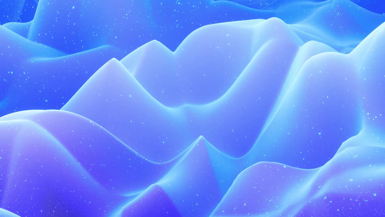 Beautiful abstract 3D surface with glitter sparkles, abstract 3d waves run on surface in loop. Blue gradient, soft matte material with light inner glow. Smoothly 4k animation