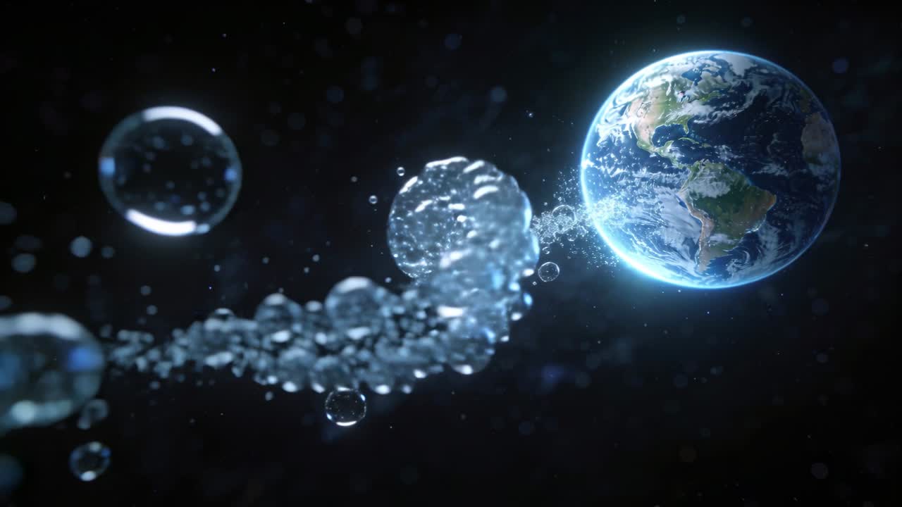 Corriente de burbujas y gotas vítreas en el espacio, atraídas por la gravedad terrestre, girando en espiral y rompiéndose.