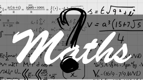pancarta de texto matemático y símbolo de signo de interrogación contra ecuaciones matemáticas en fondo gris