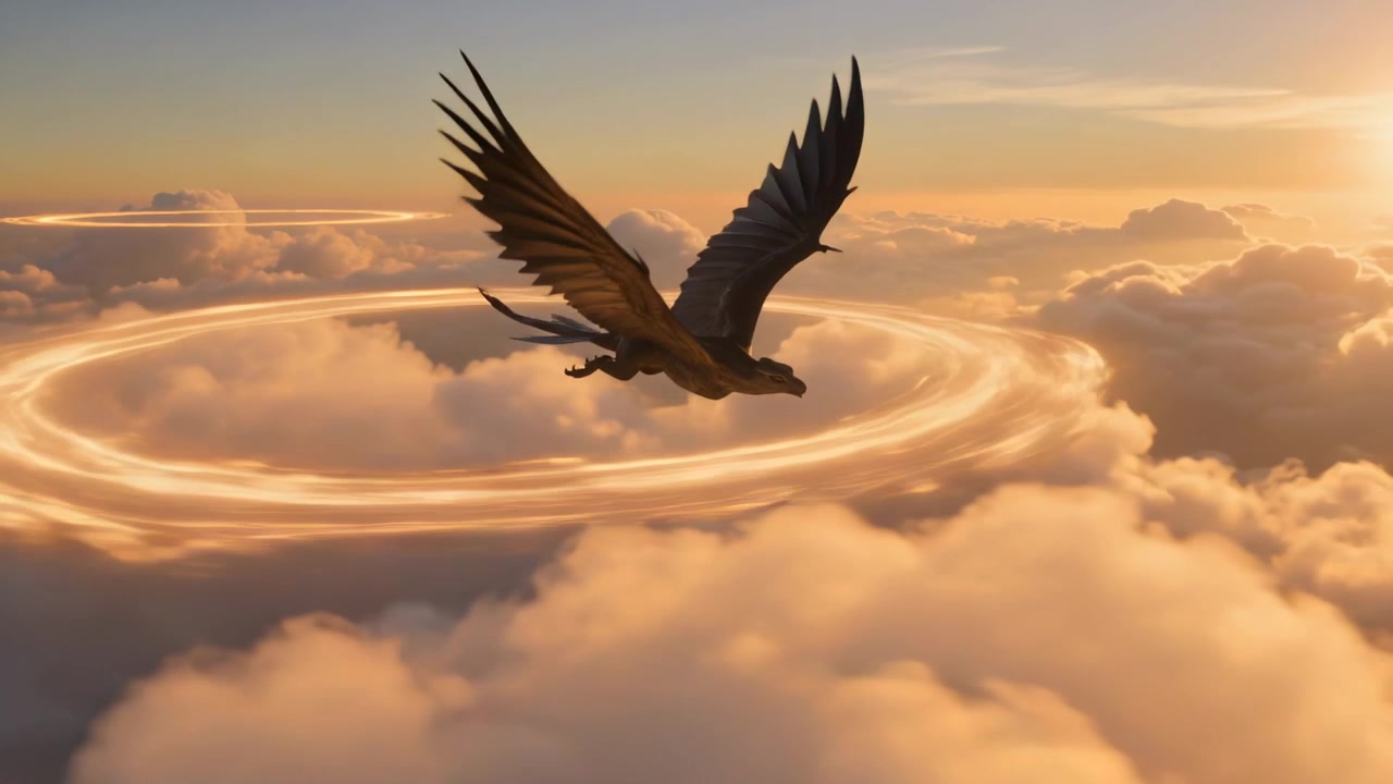 Creatura planante simile a un rapace che si avvicina a un anello luminoso sopra le nuvole, tracciando la scia dell'anello verso il sole.