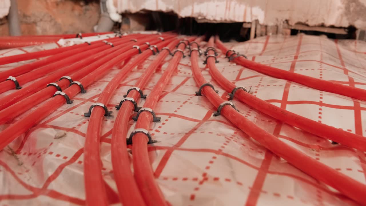 instalación de tuberías de calefacción por suelo para la calefacción de agua. sistemas de caleficación. tuberías para un piso aislado térmicamente.