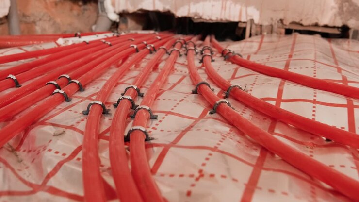 Installing underfloor heating pipes for water heating. Heating systems. Pipes for a heat-insulated floor.