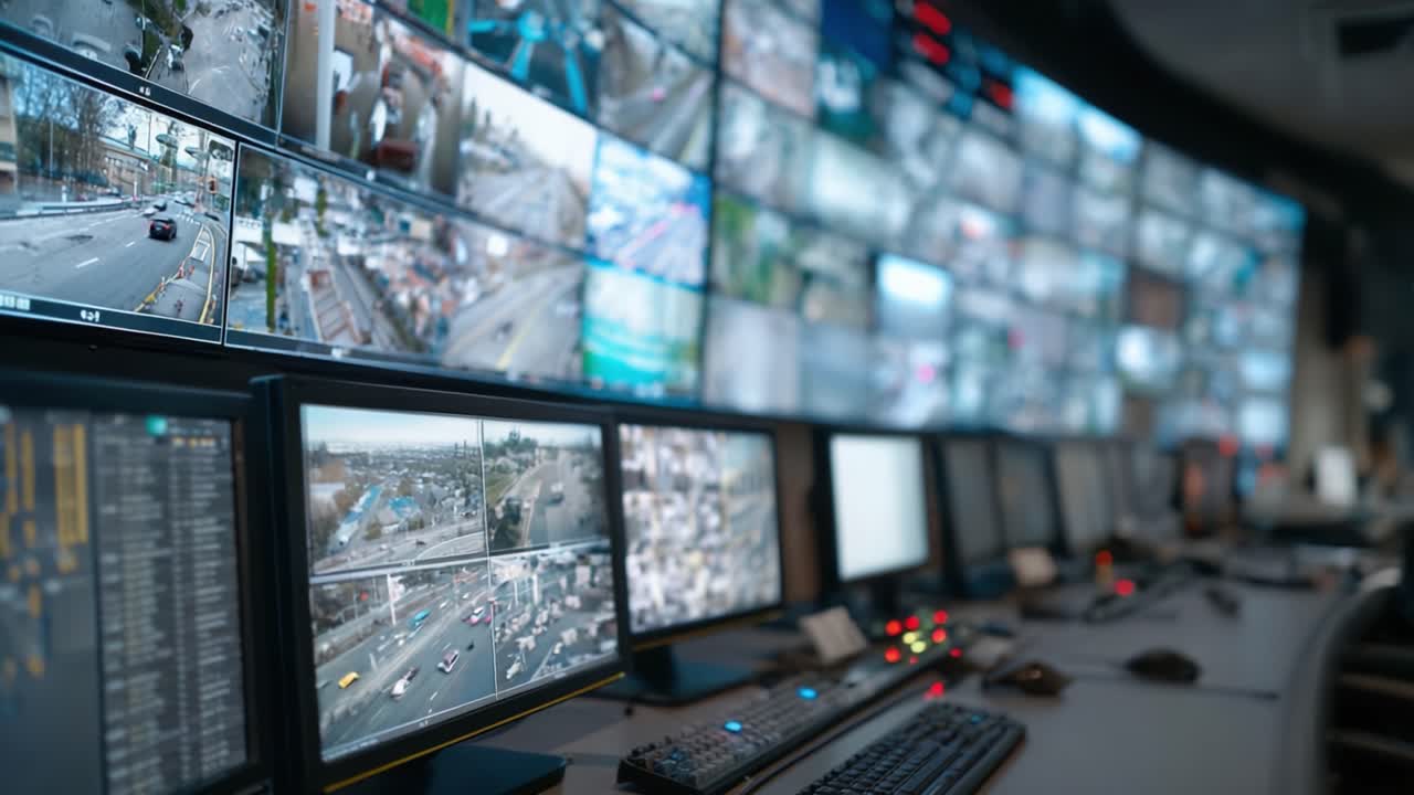 Sala di controllo di sorveglianza ad alta tecnologia con monitor multipli che mostrano il traffico in tempo reale e filmati di sicurezza in un moderno ambiente urbano