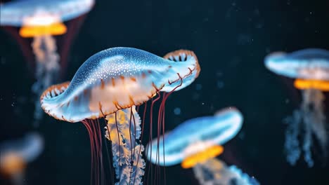 jellyfish gliding in the deep. jellyfish glide through dark waters, showcasing vibrant colors and delicate tentacles for a tranquil ambiance.