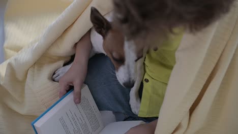 top view of blond boy with curly hair sitting on the floor covered with a blanket next to his dog while reading