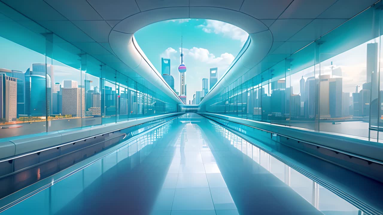 Futuristic Walkway with Shanghai Cityscape and Oriental Pearl TV Tower