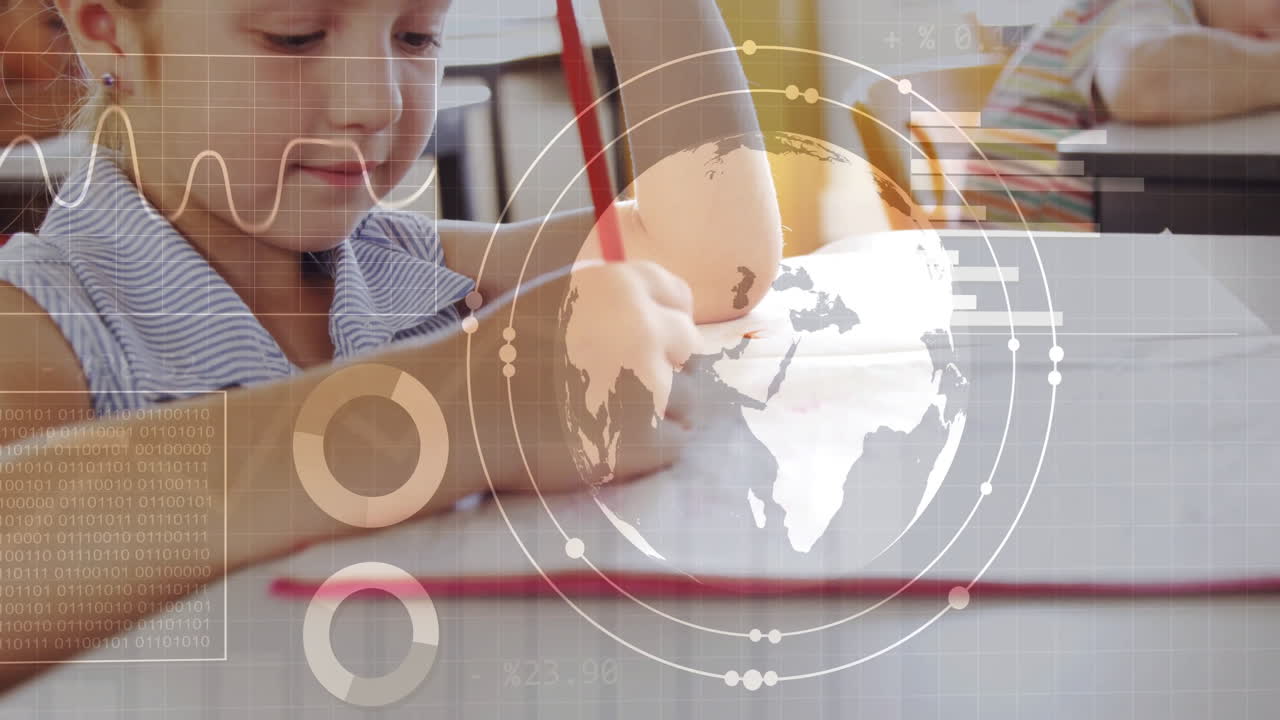 In school, child drawing with animation and digital globe, exploring data graphics