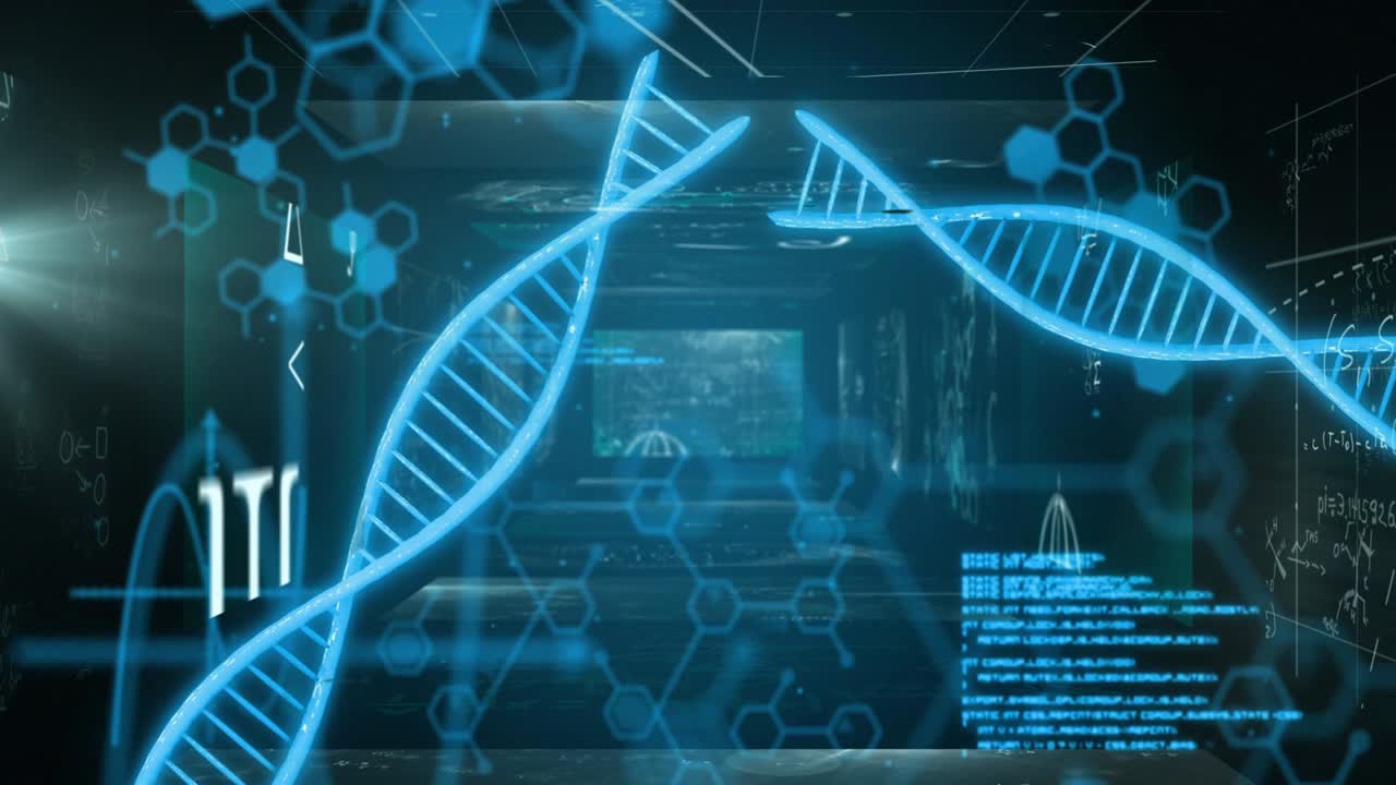 Blue DNA helix appearing front, HUD rising, code scrolling, helices crossing, showing lab data