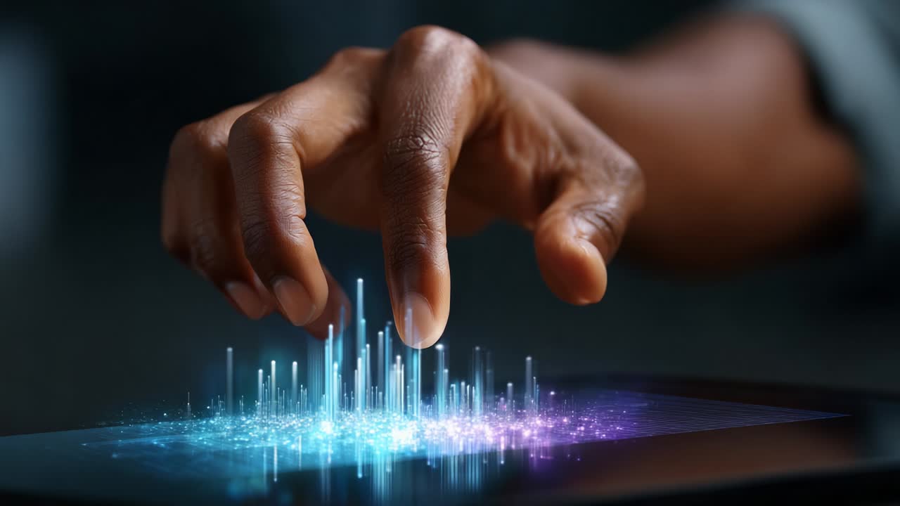 A close-up of a human hand interacting with digital holographic data projections; showcasing vibrant colors and intricate patterns, illustrating the merging of technology and human interaction through touch-sensitive interfaces