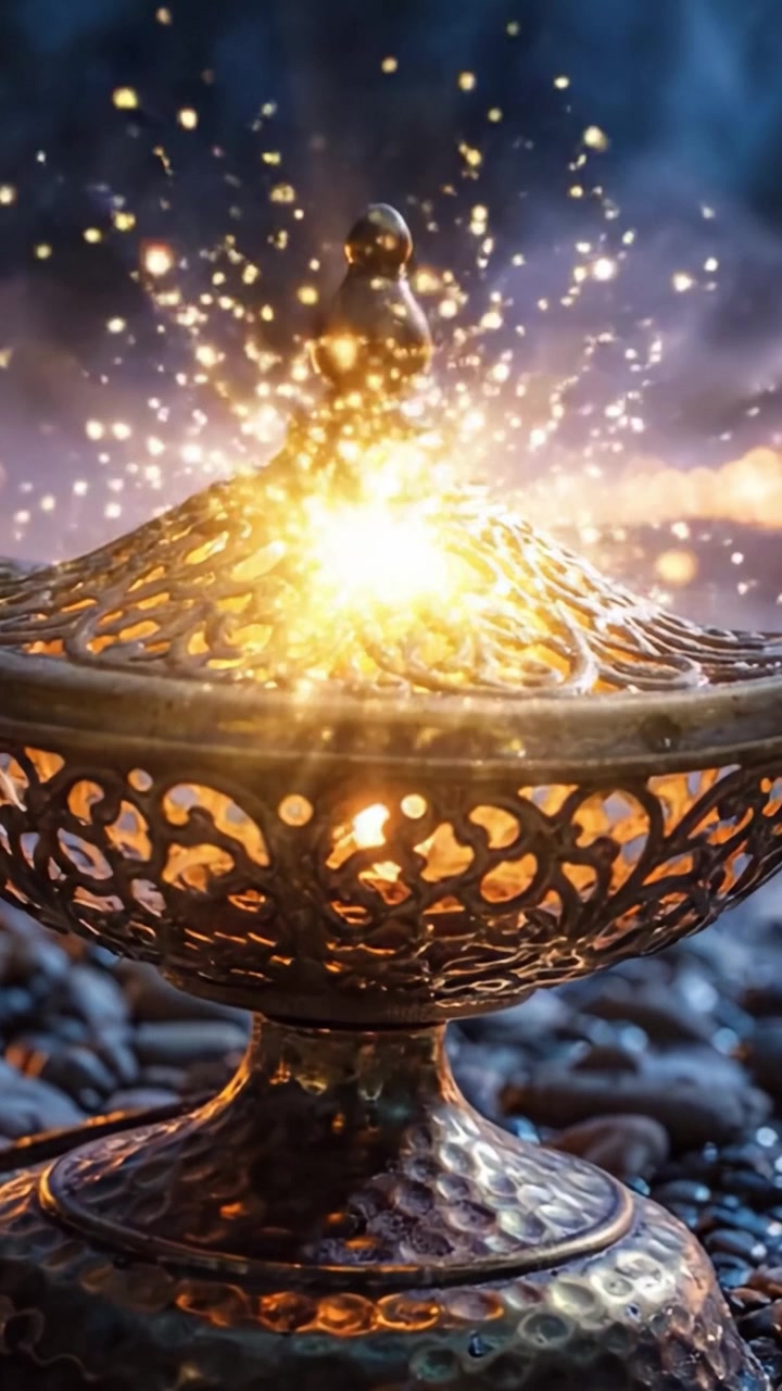 A Captivating Decorative Oil Lamp Illuminated with a Magical Glow, Surrounded by Smooth Pebbles and Enveloped in a Mysterious Mist Effect
