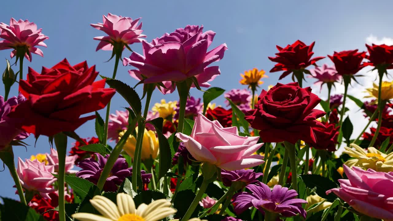 Vibrant flowers captured from a low-angle, set against a clear blue sky, creating a lively