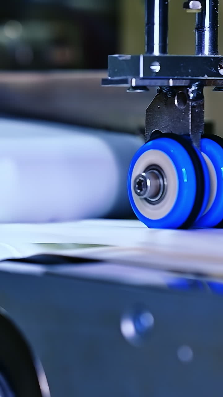 Conveyor line at the modern diaper plant. Massive metal fasteners holding the conveyor belt equipment. Close up. Vertical video