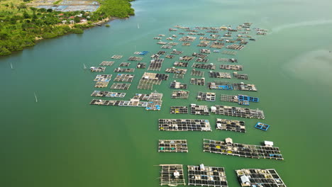 endless number of lobster farm on lombok island coastline, aerial view