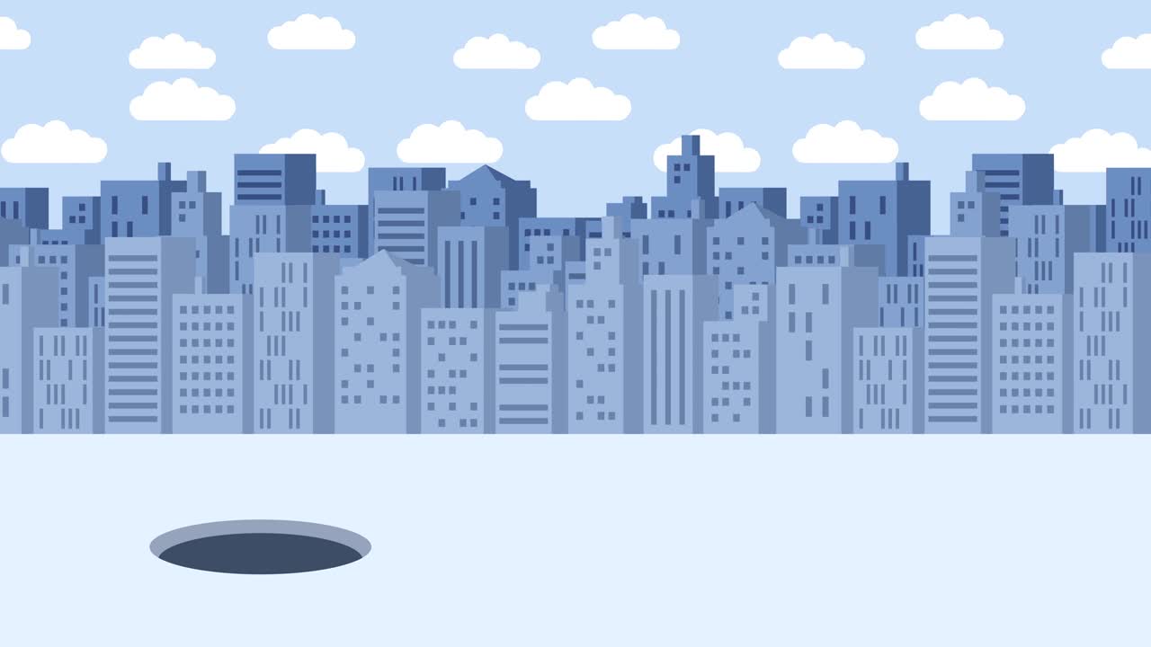 Business man jump over the hole. Background of buildings. Risk concept. Loop illustration in flat style.