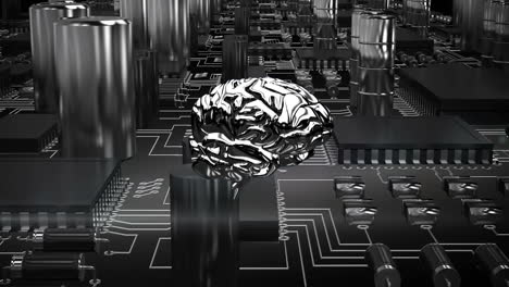 cerebro metálico y placa de circuitos de computadora