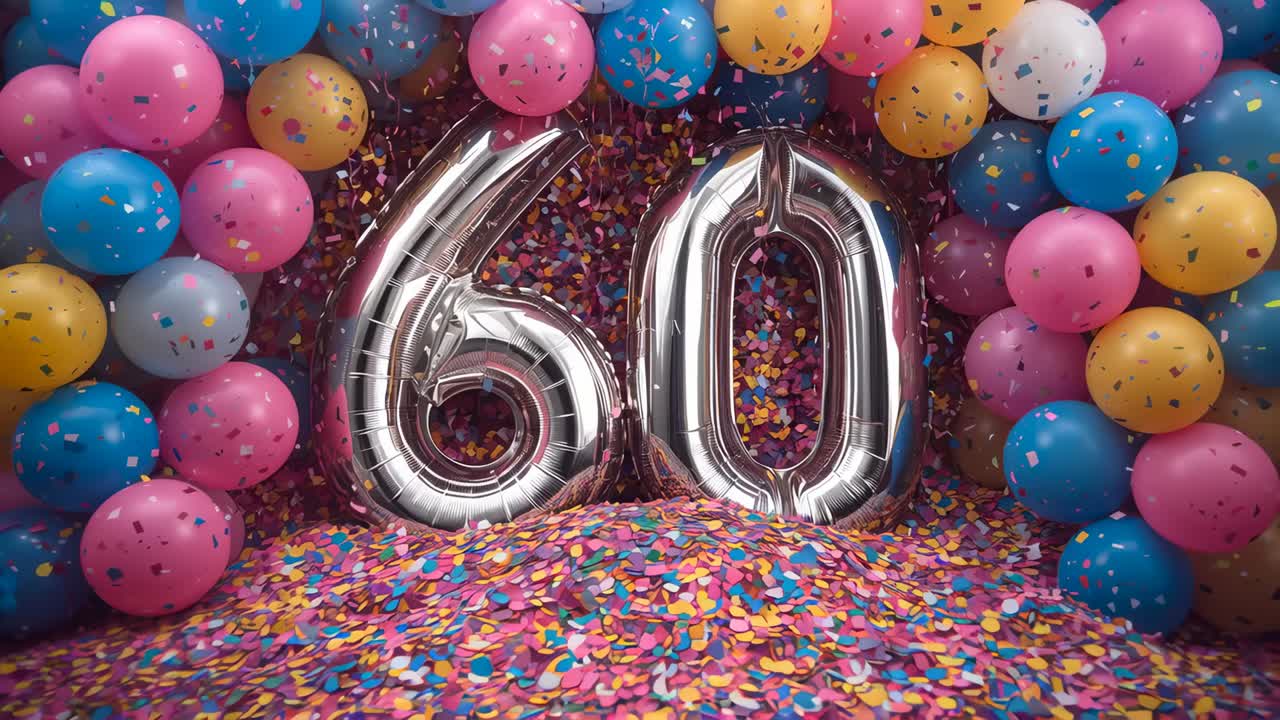 Falling bright confetti being released at party, drifting onto silver 60 balloons and latex arch
