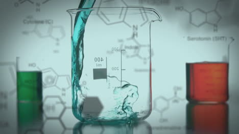 Laboratory-beakers-with-data-and-structural-formula-of-chemical-compounds-in-the-foreground