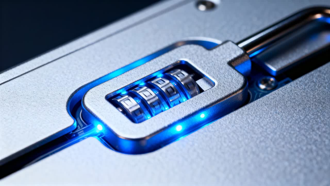 Blue LEDs signaling, three-dial combination lock rotating discs on metal panel, shackle visible