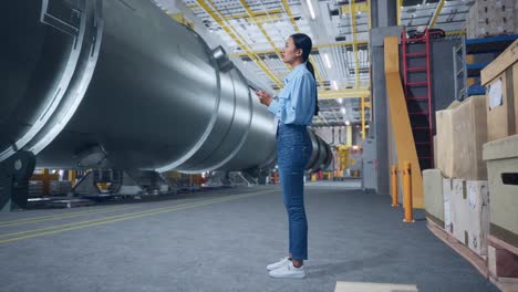 side view of full body asian business woman using mobile phone an looking around in pipe manufacturing factory