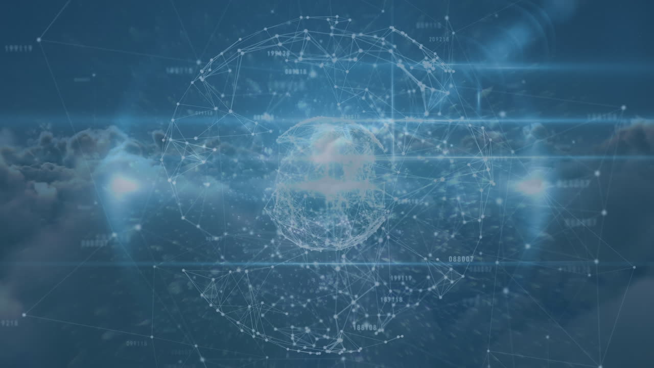 Animation of globe of network of connections spinning over clouds in the sky