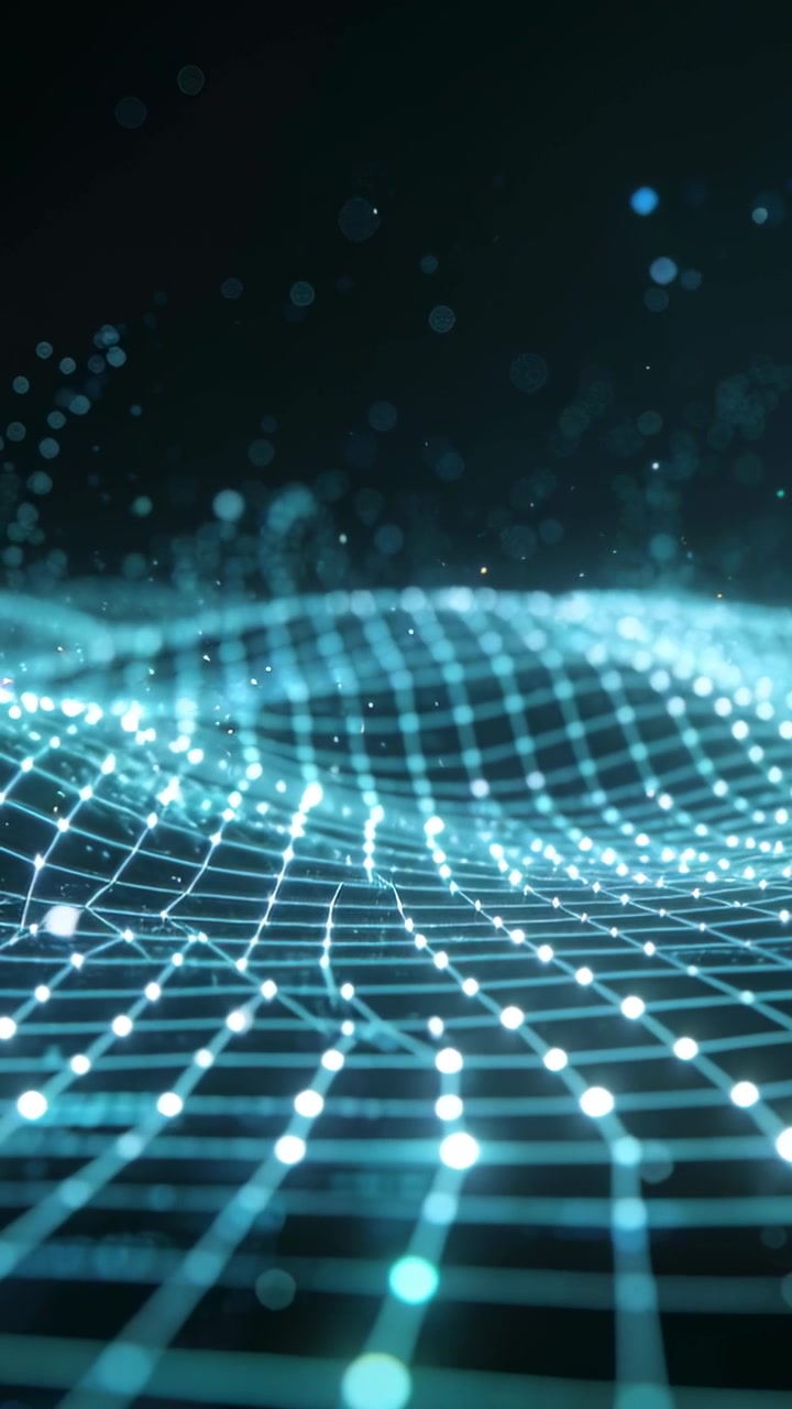 Vertical video: Undulating teal mesh wave on playback in dark void, pulsing nodes and specks