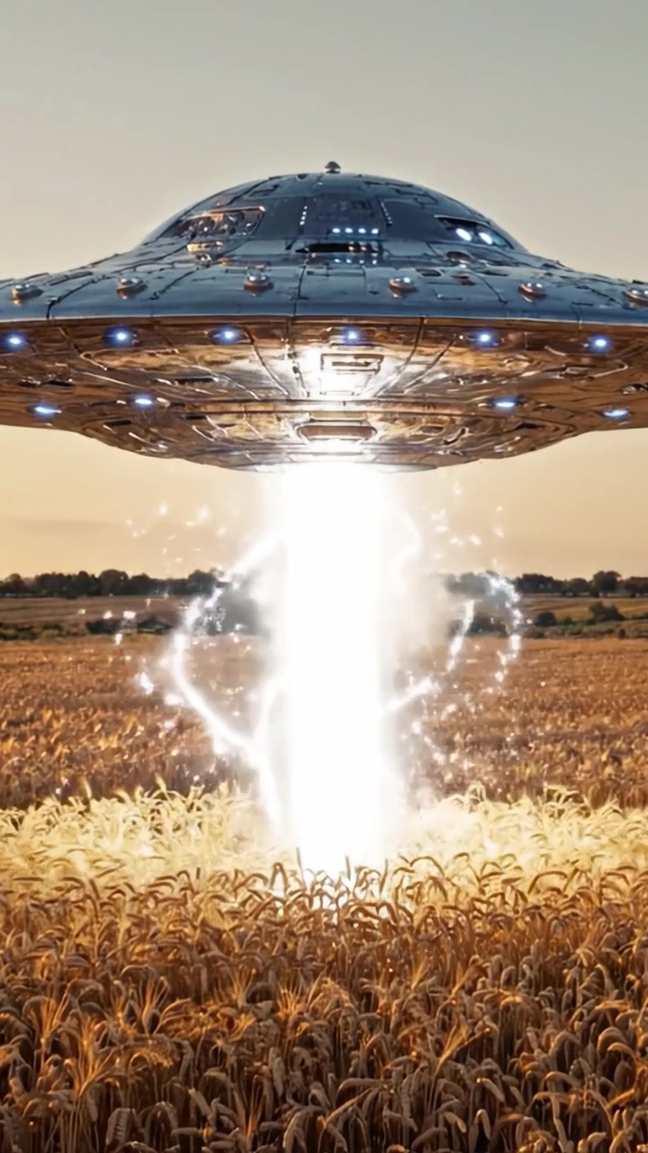 Un misterioso UFO si libra sopra campi di grano, impegnato in attività extraterrestre con fasci di luce che emanano dalla sua base durante un tramonto dorato.