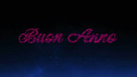 animation of buon annee text in pink with new year fireworks in night sky