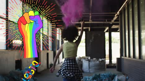 animation of rainbow fist over african american woman with flare