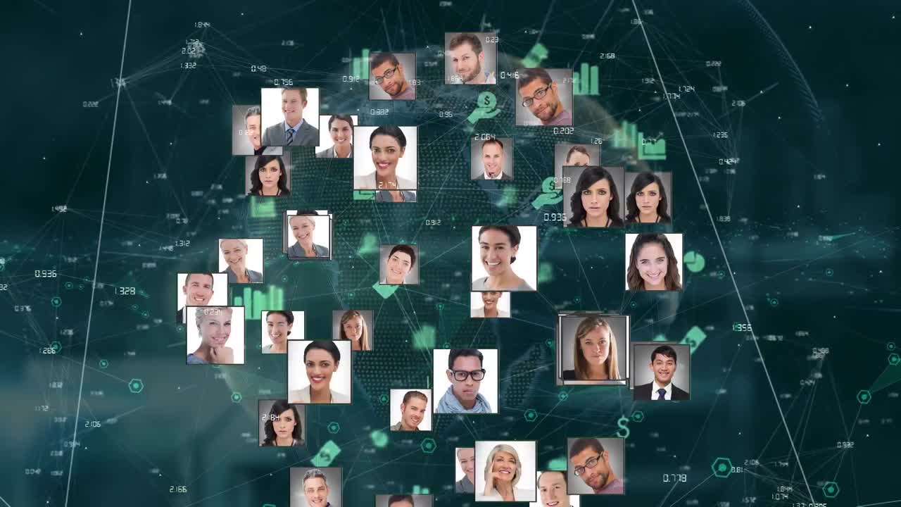 전 세계에 있는 다양한 사람들의 아이콘과 연결망의 애니메이션