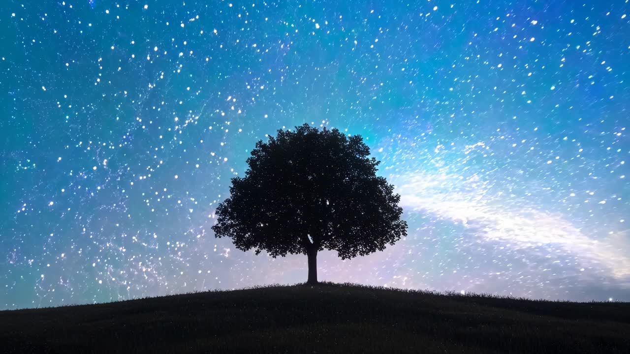 A tree is silhouetted against a dark sky with many stars. Concept of solitude and peacefulness, as the tree stands alone in the vastness of the night sky. The stars twinkle above