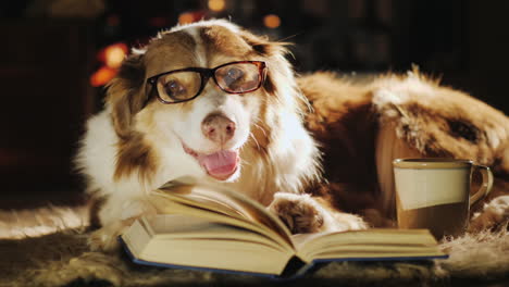 dog wearing glasses beside open book and fireplace cup of tea 02