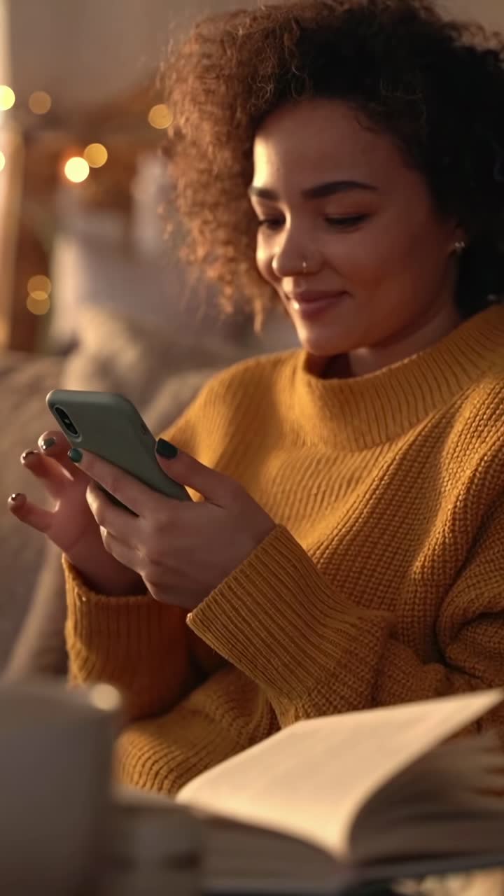 Cozy video call scene with a woman in a sweater, captured from a side angle