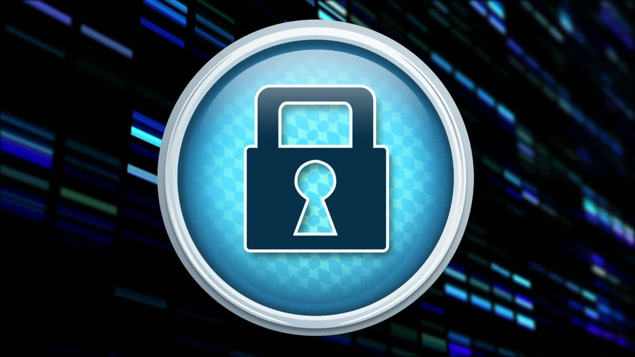 animación de la red de conexiones y el candado de seguridad en línea sobre un fondo oscuro