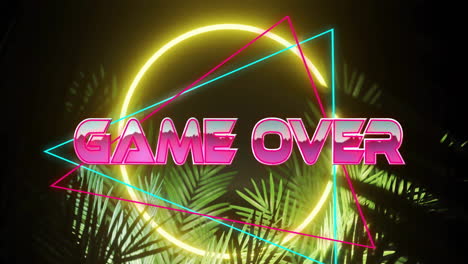 game over text animation over neon shapes and tropical leaves