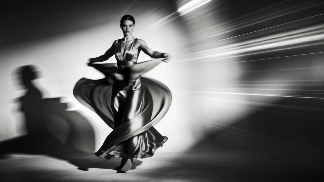 Draaiende danseres in een galajurk en hoge hakken die reageert op een lichtsignaal en de wijde rok vormgeeft in een studio.
