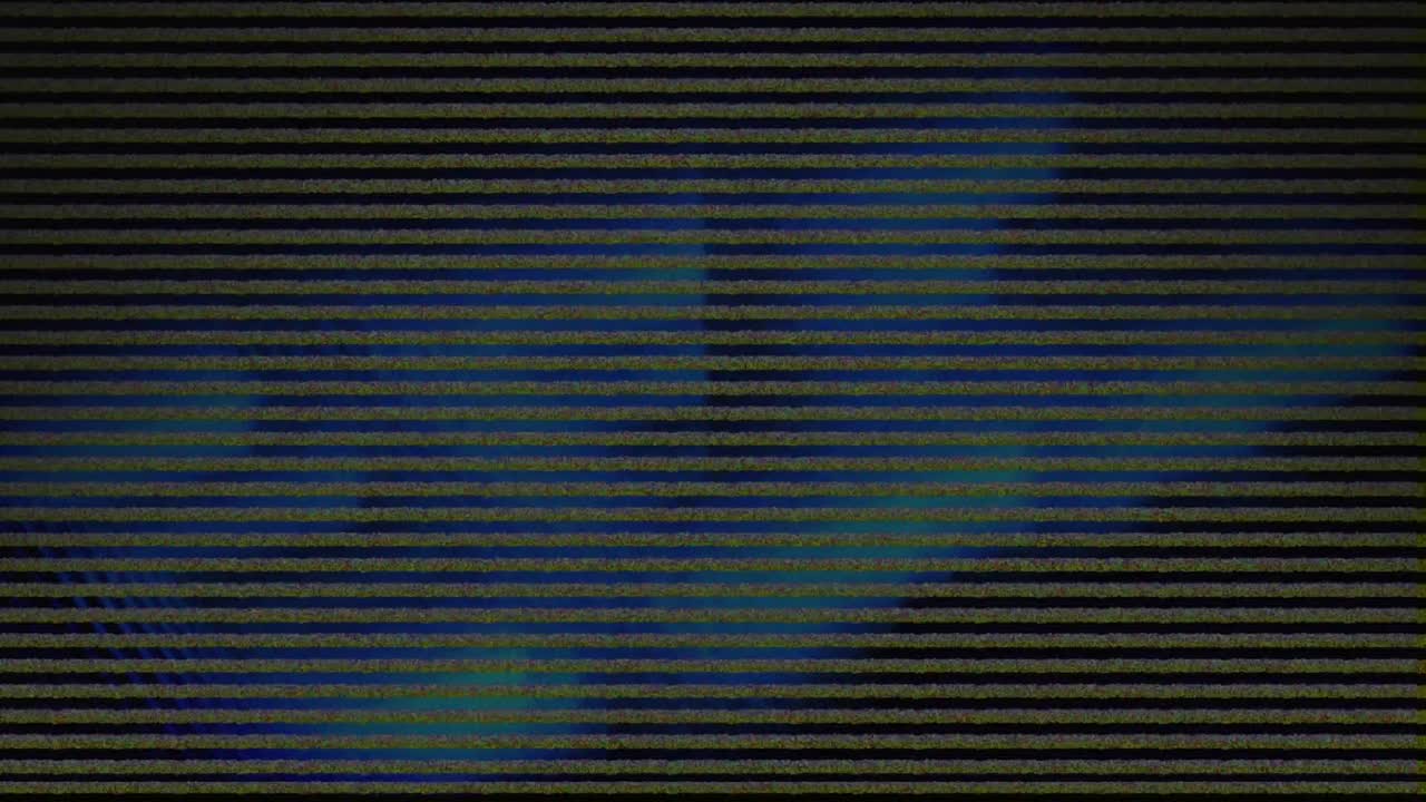 Animation of lines of grey interference over glowing blue lights on black background