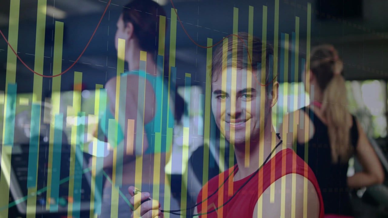 Male trainer powering on treadmills and guiding gym clients as bars overlay heart rate data